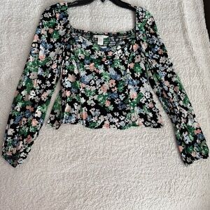H&M Floral Square Neck Blouse - Black and Multicolor